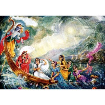 Lord Krishna on boat with Gopikas